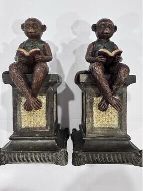 VINTAGE MONKEY BELL HOP READING BOOK WEARING VEST BOOKENDS - PAIR SET OF TWO
